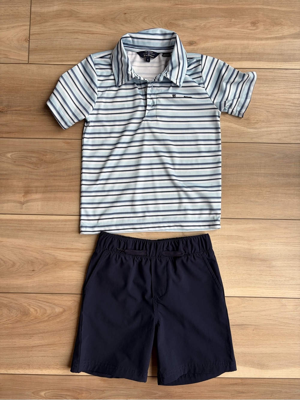 Eddie Bauer Light Blue & Navy Striped Polo with Navy Shorts